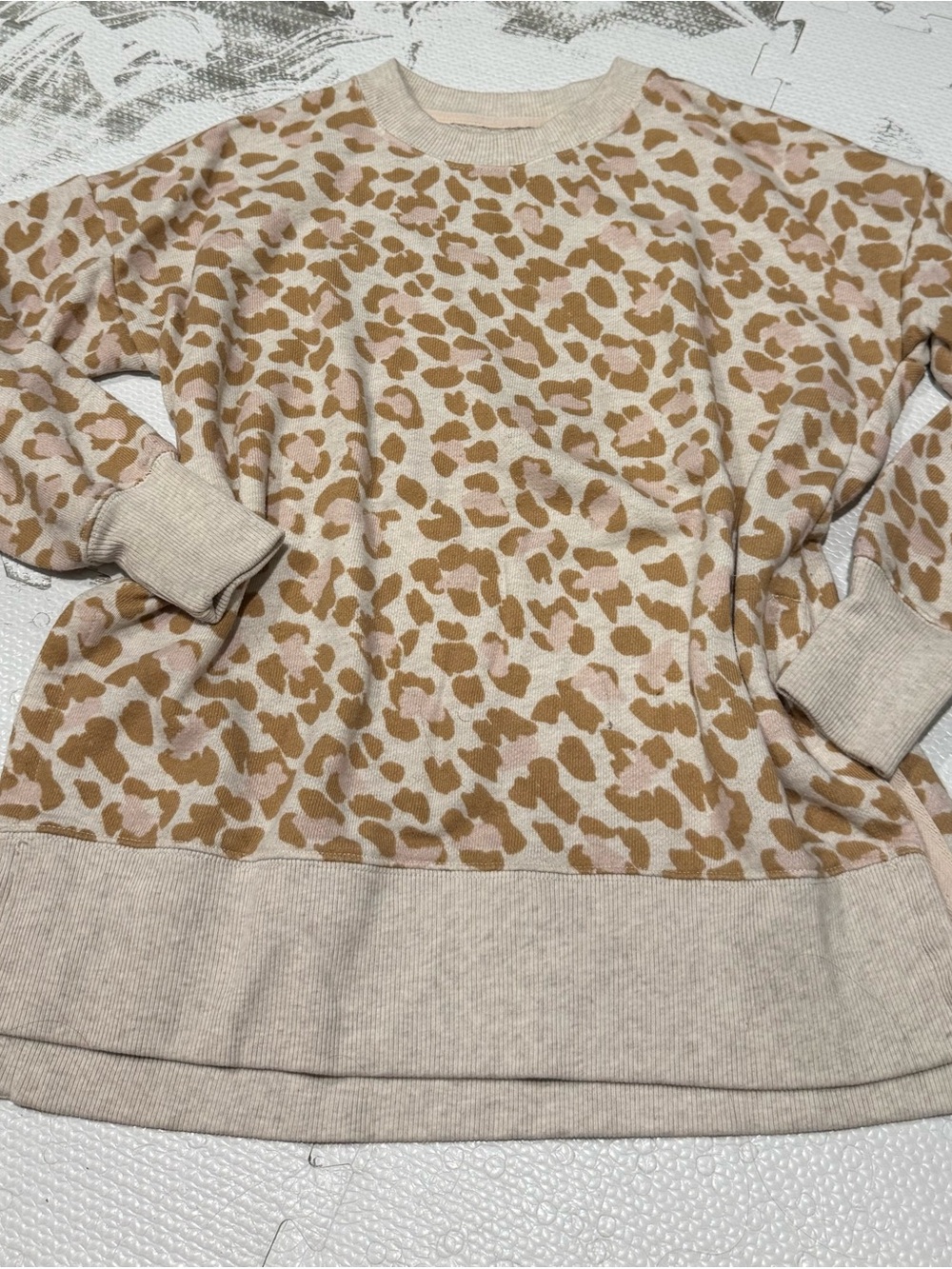 Aerie Tan, Cream, & Pink Leopard Print Pullover Sweatshirt with side slits